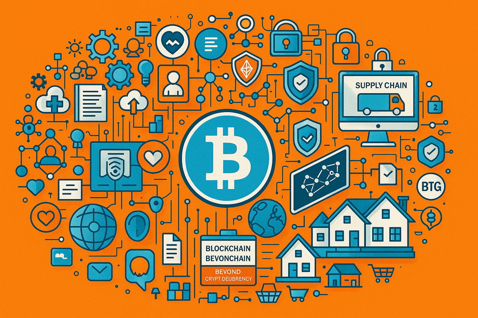 Infographic showing blockchain applications in healthcare, identity, supply chain, and real estate beyond cryptocurrency